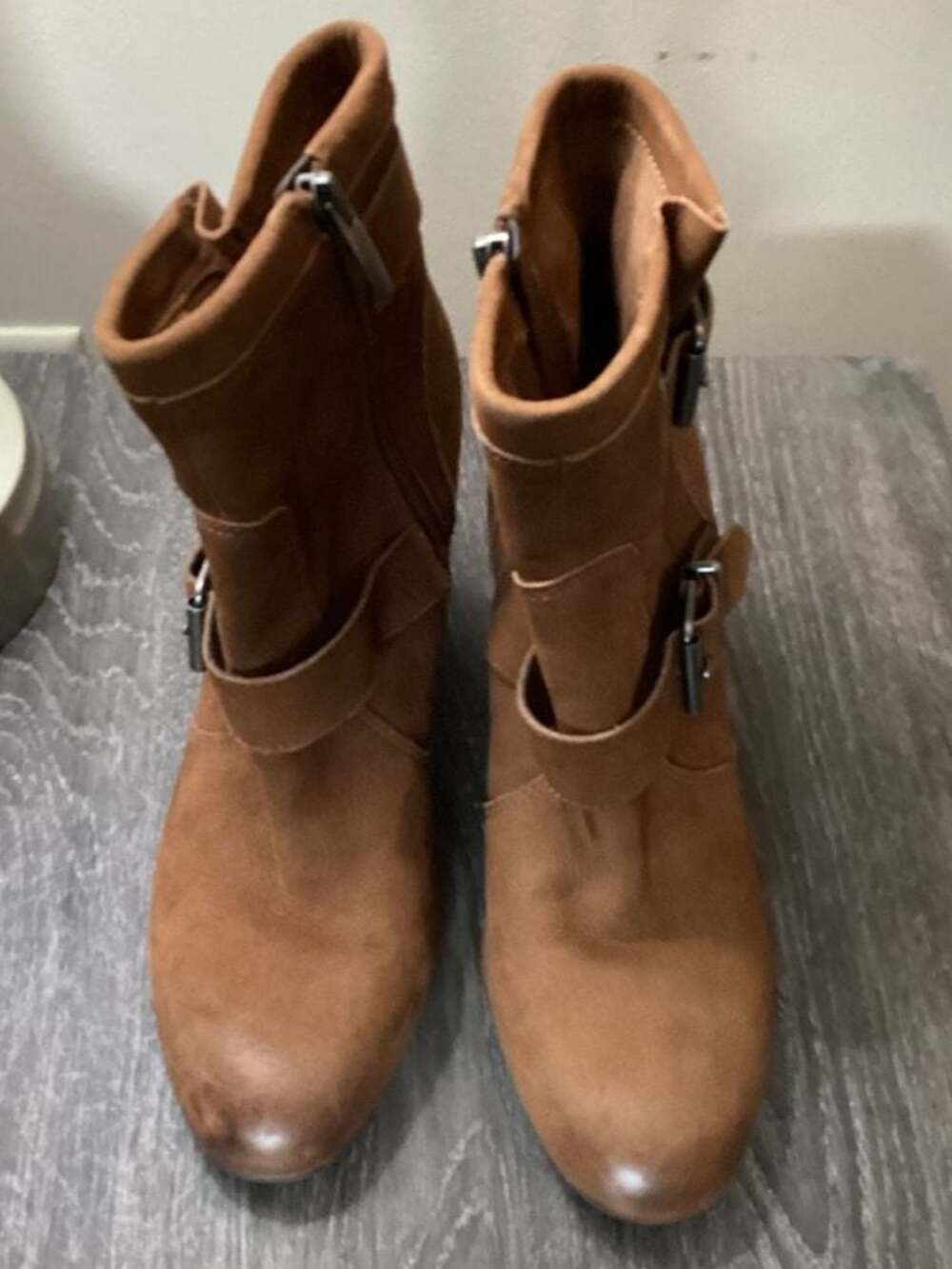Vince Camuto Simlee Cognac Suede Double Buckle Ankle Boots